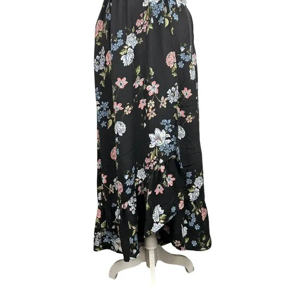 BO.G Collective Floral Wrap Maxi Dress Black/Blue Small With Flutter Sleeves NWT - Picture 6 of 16